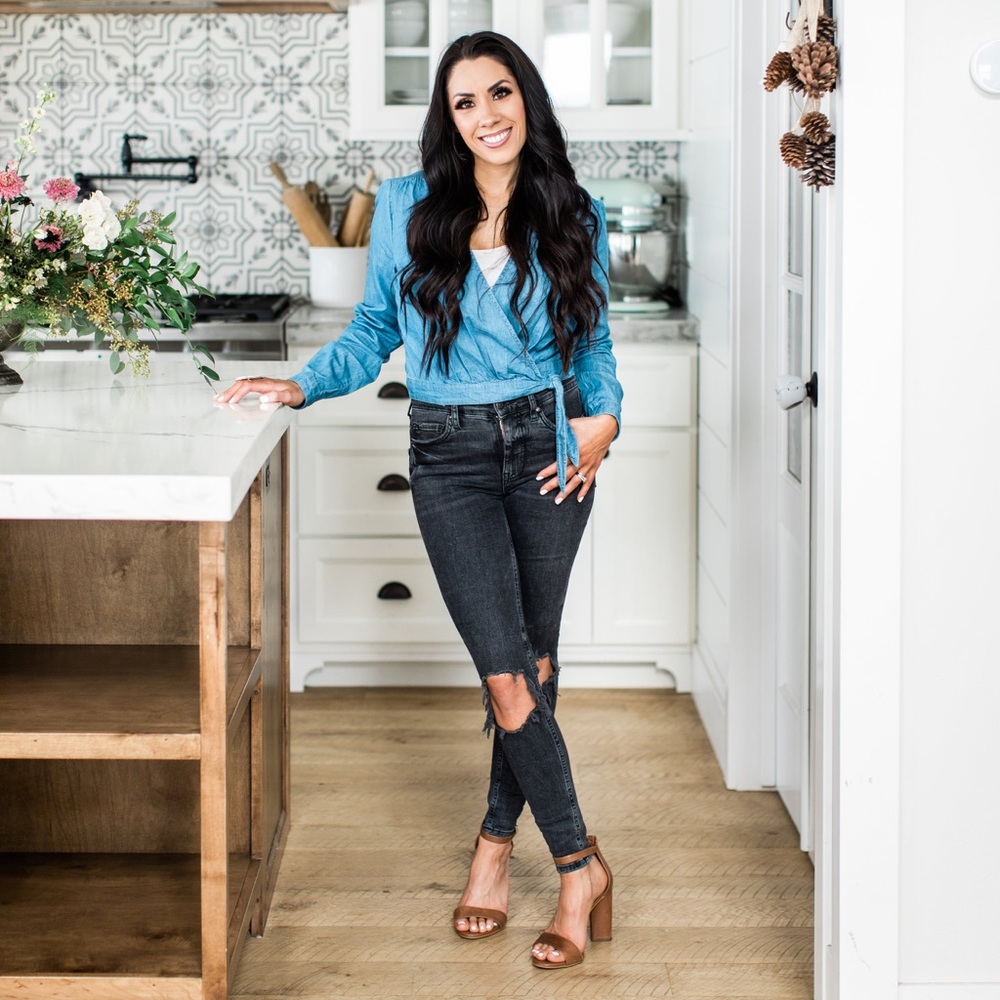Copper key denim wrap top